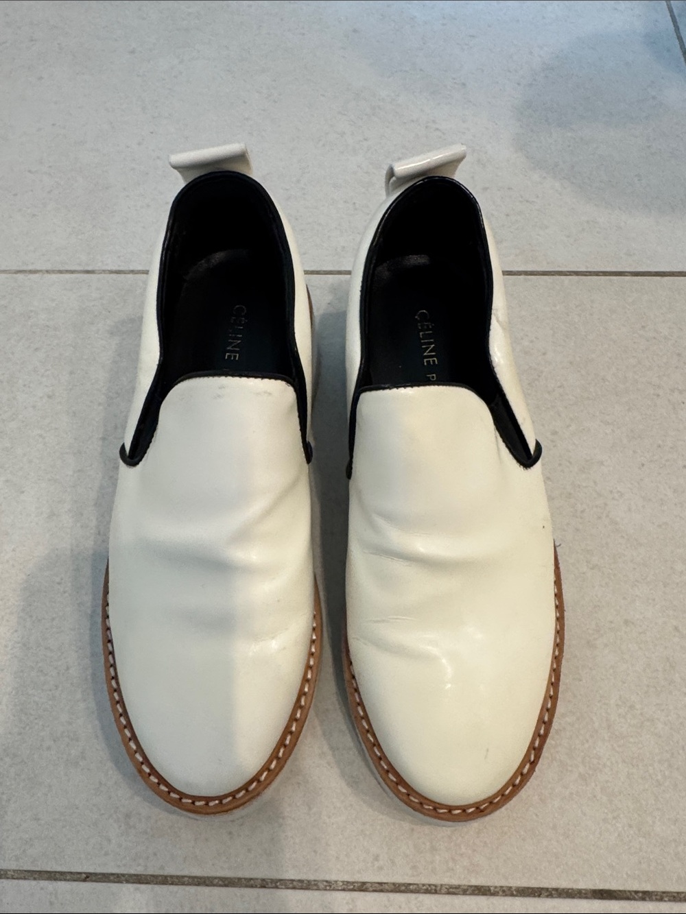 Celine White Leather Slip-On Loafers with Black Trim